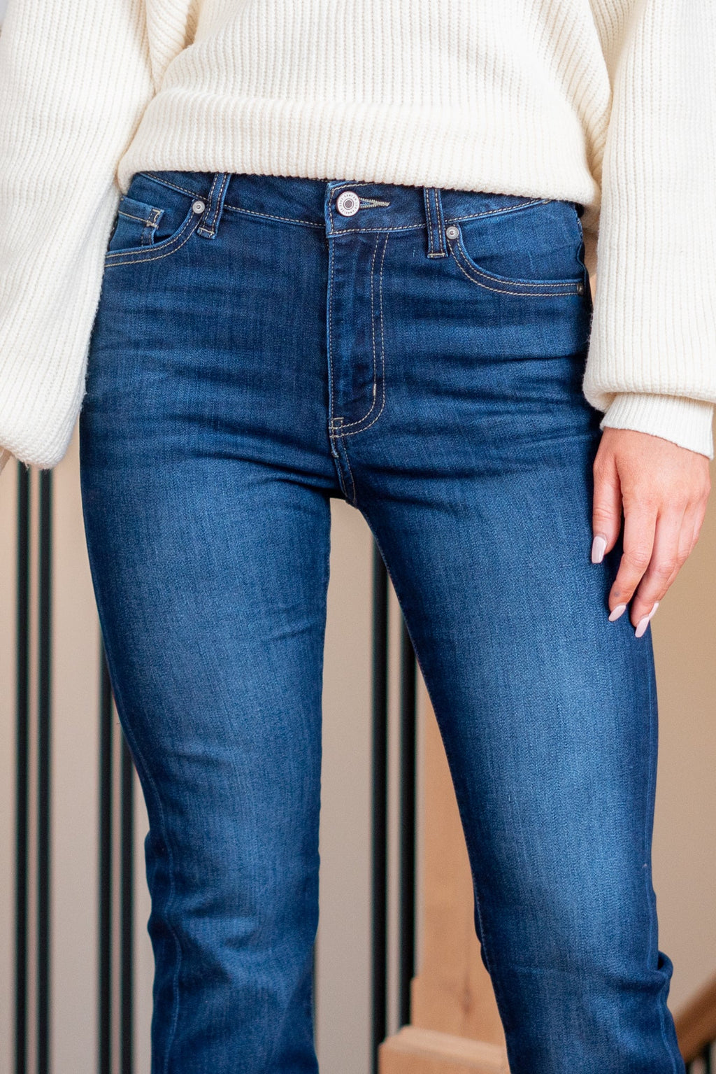 KanCan Jayce High Rise Split Hem Boot Cut Dark Blue Wash