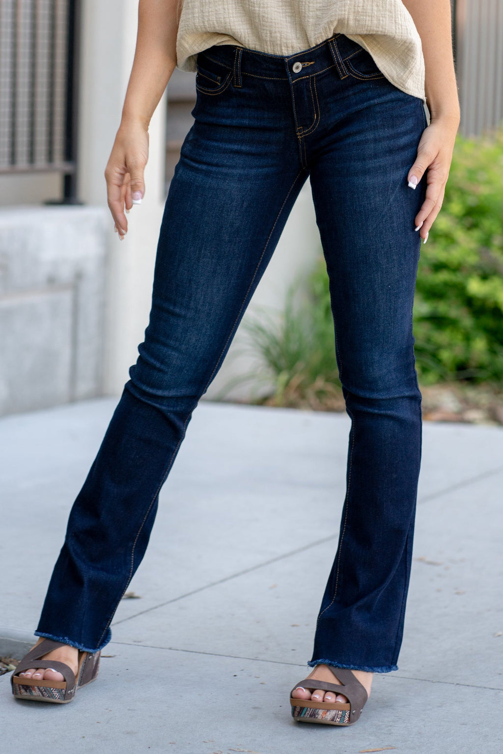 KanCan Austin Low Rise Frayed Hem Boot Cut Dark Blue Jeans