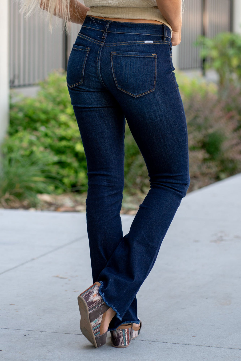 KanCan Austin Low Rise Frayed Hem Boot Cut Dark Blue Jeans