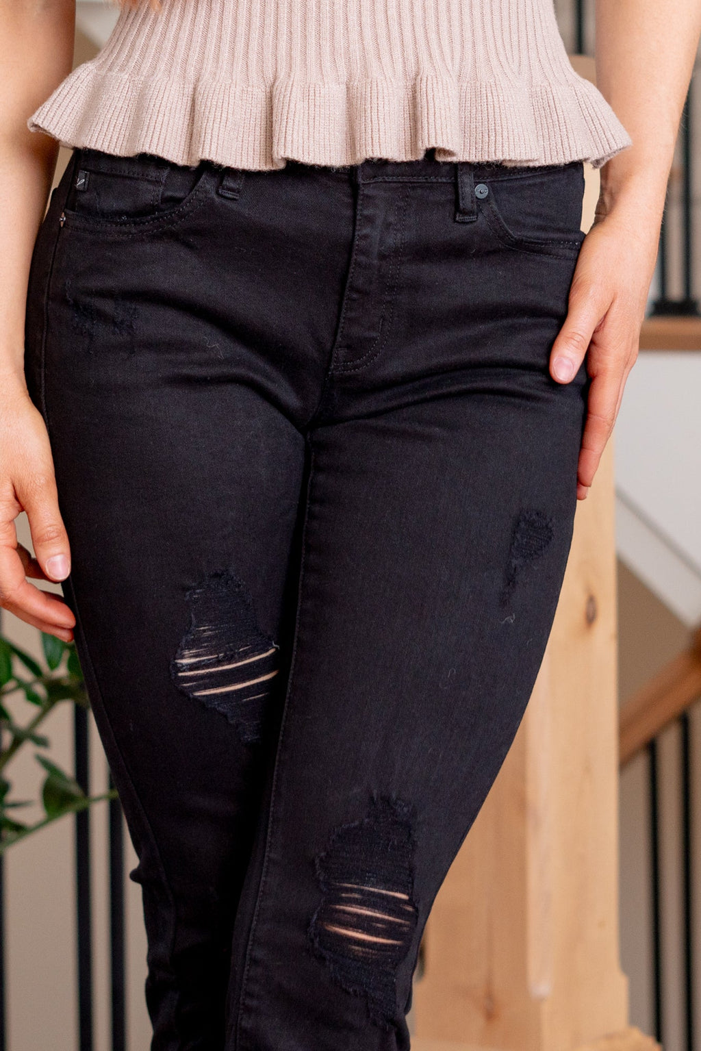 KanCan Nala Mid Rise Double Fringe Hem Skinny Jeans Black