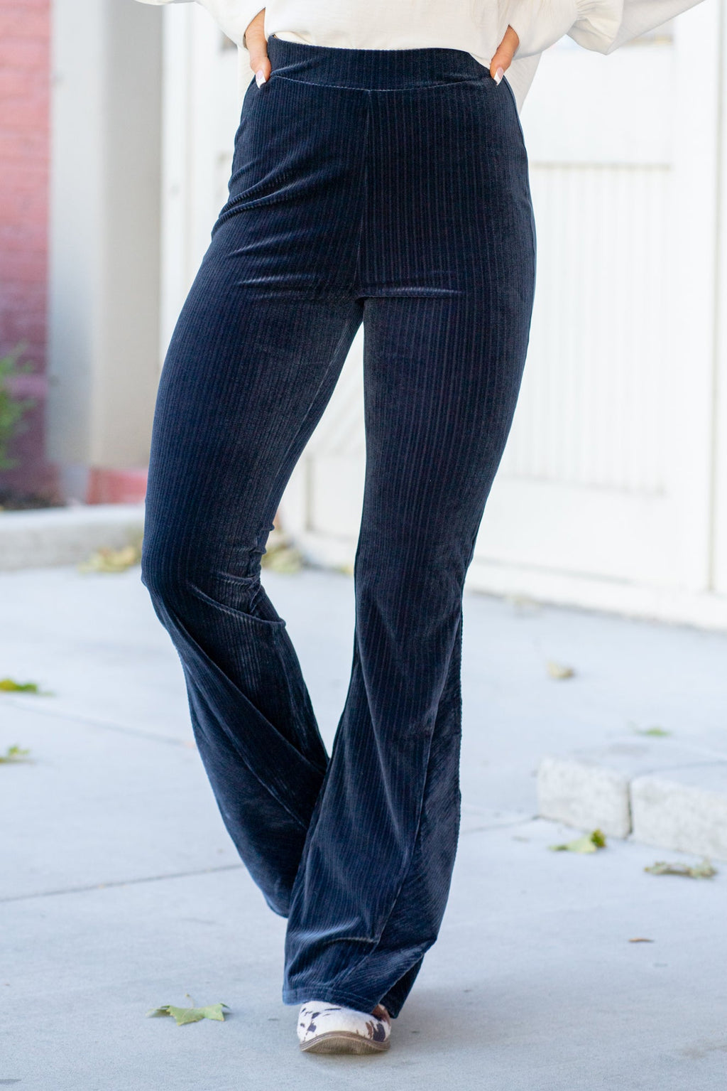 KanCan Gracey High Rise Corduroy Velvet Flare Navy Blue
