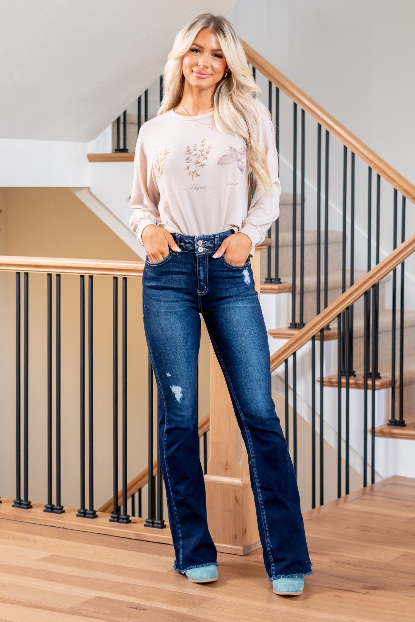 KanCan Bri High Rise Double Button Flare Jeans Dark Blue Wash