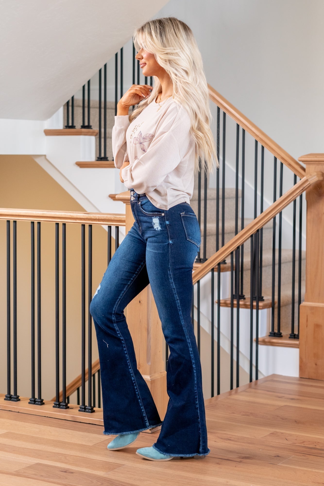 KanCan Bri High Rise Double Button Flare Jeans Dark Blue Wash
