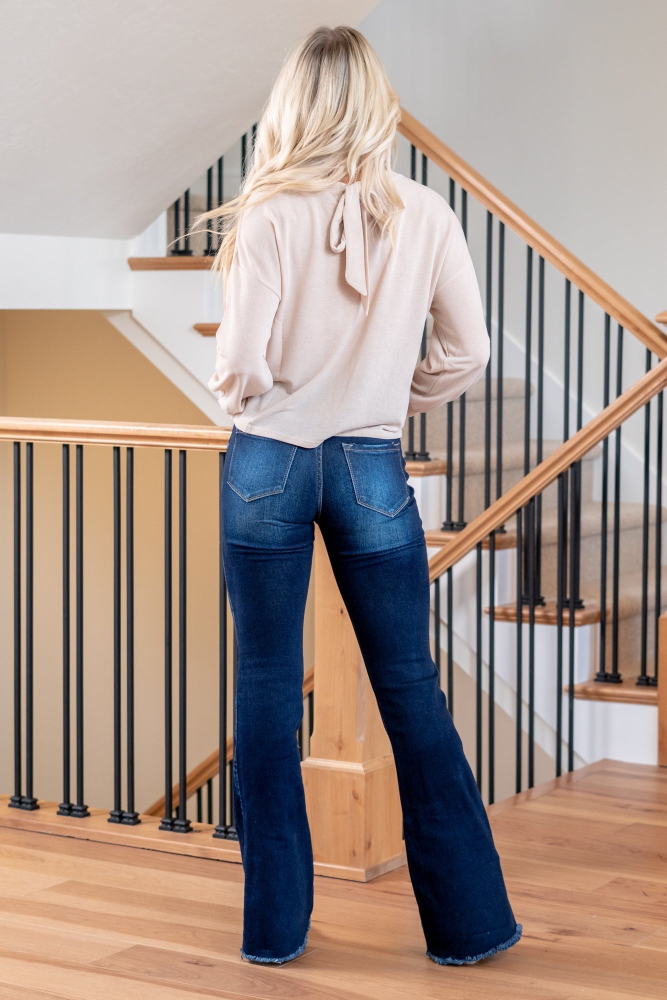KanCan Bri High Rise Double Button Flare Jeans Dark Blue Wash