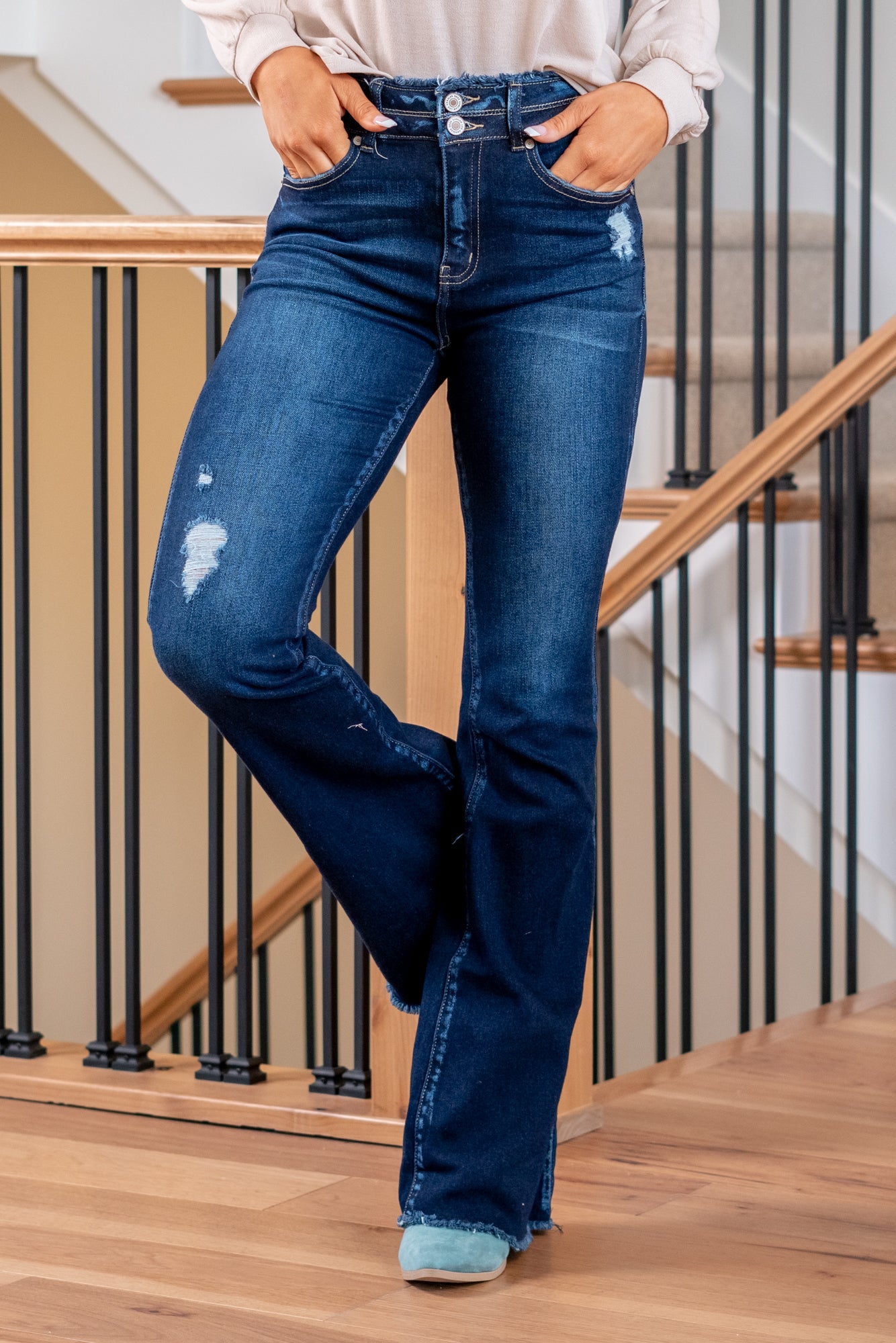 KanCan Bri High Rise Double Button Flare Jeans Dark Blue Wash