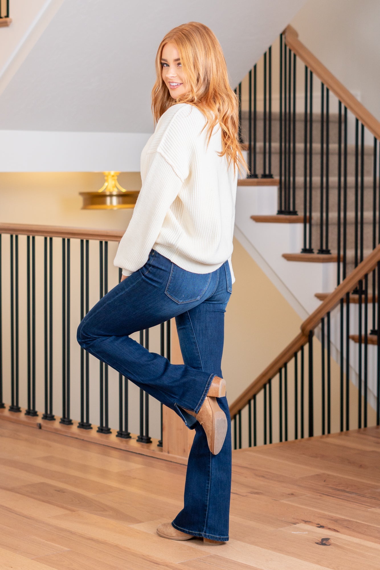 KanCan Jayce High Rise Split Hem Boot Cut Dark Blue Wash