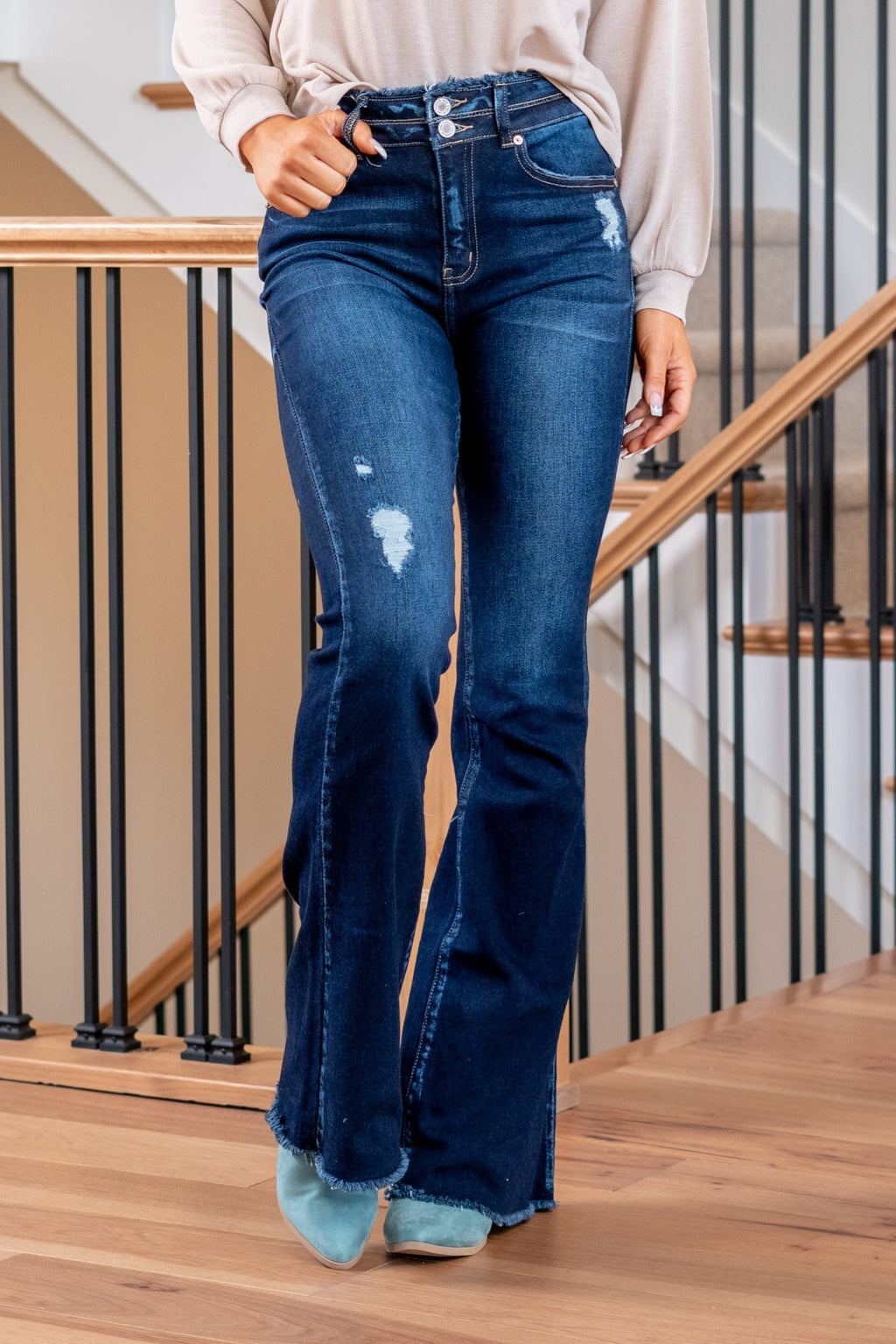 KanCan Bri High Rise Double Button Flare Jeans Dark Blue Wash