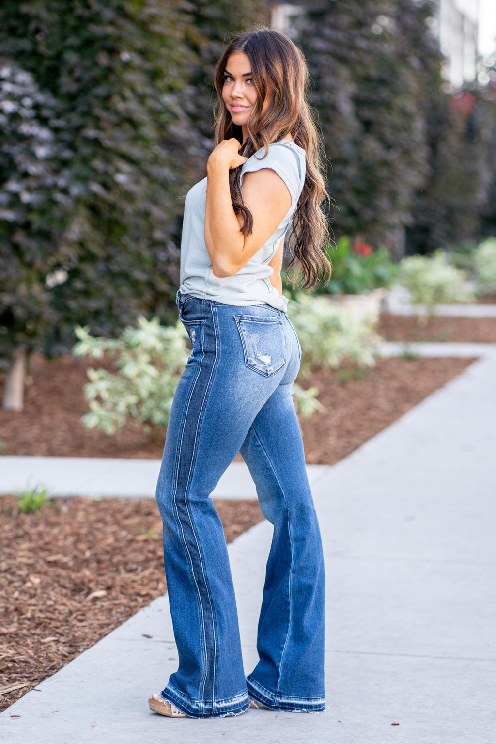 KanCan Clemont High Rise Released Hem Flare Dark Blue Wash