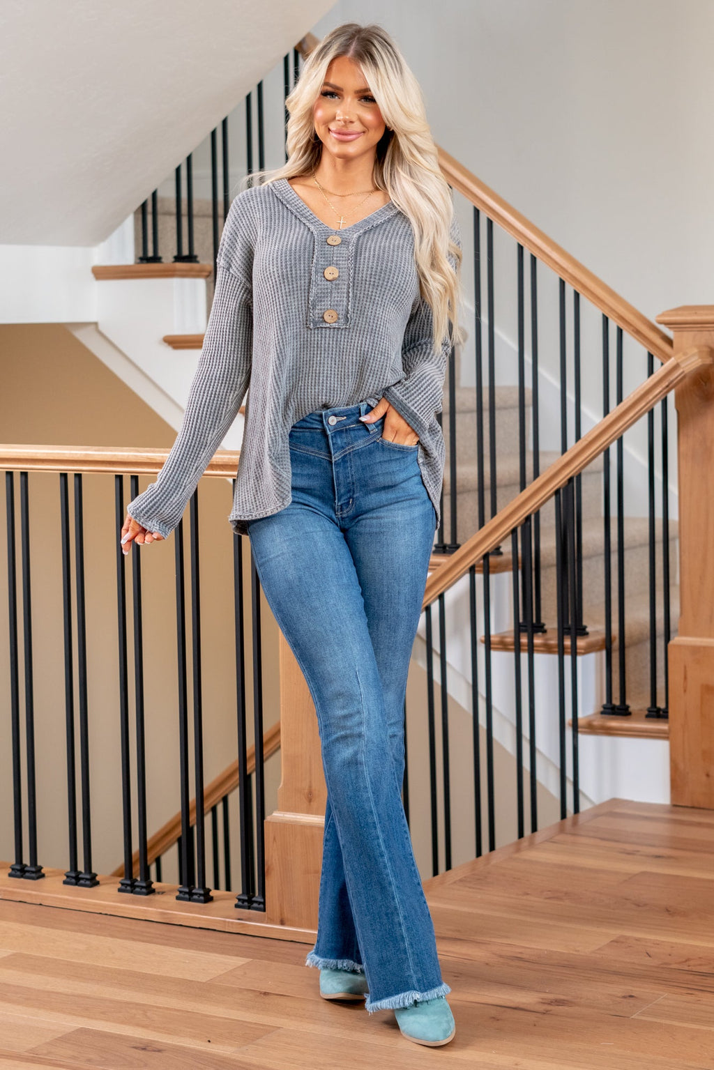 KanCan Auburn Western Front High Rise Flare Medium Blue Wash