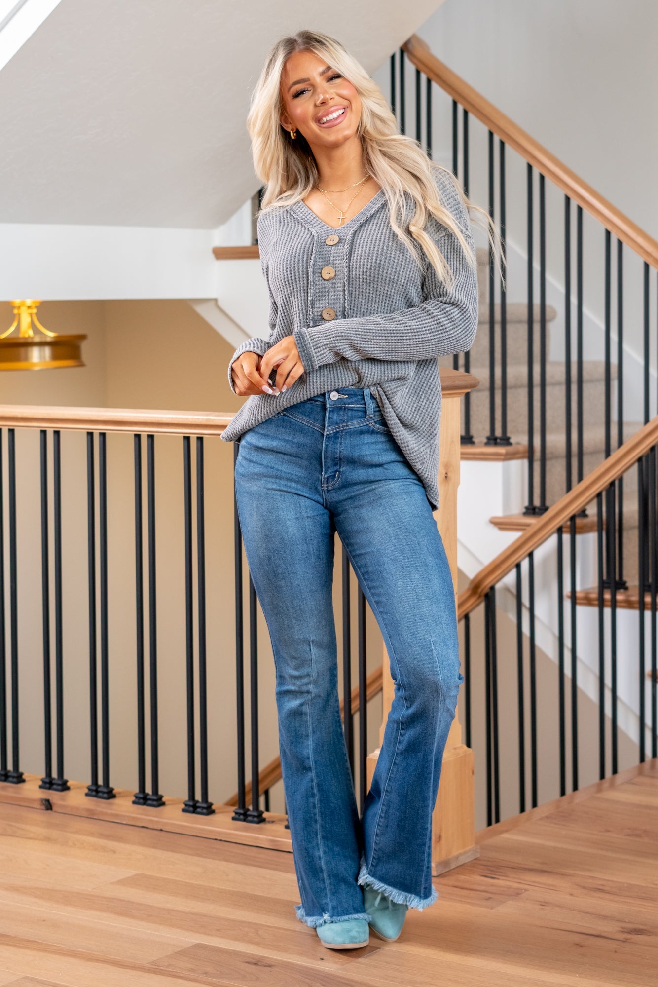 KanCan Auburn Western Front High Rise Flare Medium Blue Wash