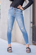 KanCan Jeans  Color: Medium Blue Wash Cut: Ankle Skinny, 27" Inseam Rise: High Rise, 9.5" Front Rise 74% COTTON 10%RAYON 15% POLYESTER 1% SPANDEX Machine Wash Separately In Cold Water Stitching: Classic Fly: Exposed Button Style #: KC9157M Contact us for any additional measurements or sizing.    *Measured on the smallest size, measurements may vary by size. 