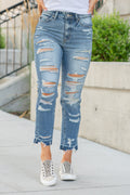 KanCan Jeans Color: Medium Blue Cut: Ankle Skinny, 26" Inseam* Rise: High-Rise, 9.5" Front Rise* COTTON 68.5% POLYESTER 23.3% RAYON 7% SPANDEX 1.2% Stitching: Classic Fly: Zipper Style #: KC9224M Contact us for any additional measurements or sizing.  *Measured on the smallest size, measurements may vary by size.