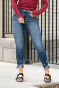 KanCan Jeans Color: Dark Blue Wash  Cut: Ankle Skinny, 27" Inseam* Rise: High-Rise, 10.5" Front Rise* 94%COTTON, 5%POLYESTER,1%SPANDEX Stitching: Classic Fly: Zipper Style #: KC9261FD Contact us for any additional measurements or sizing.   *Measured on the smallest size, measurements may vary by size.  Sarah wears a size 25 in jeans, a small in tops, and 8 in shoes. She is wearing size 25 in these jeans. 