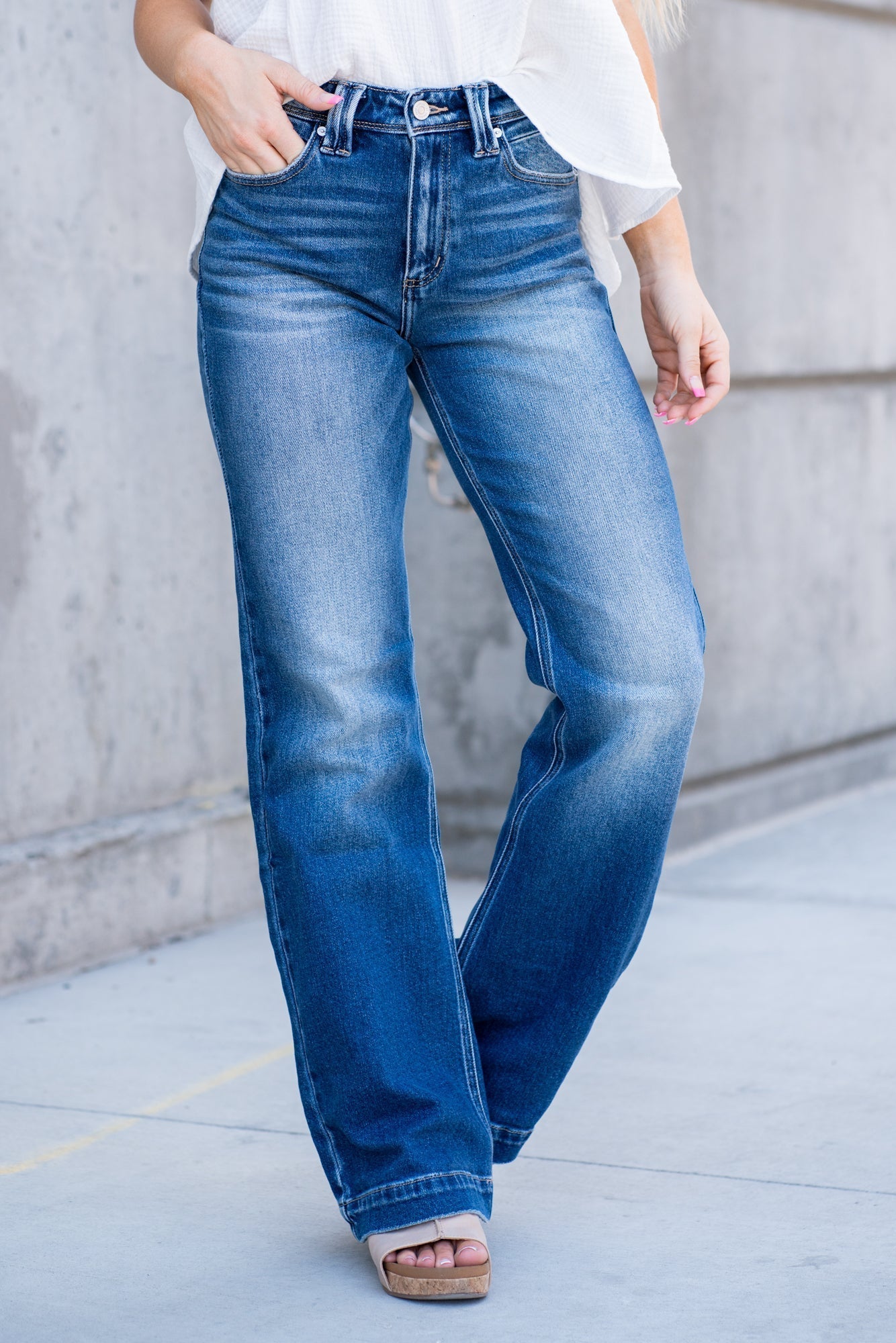 KanCan Holly High Rise Trouser Hem Flare Jeans Medium Blue Wash