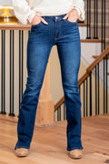 KanCan Jayce High Rise Split Hem Boot Cut Dark Blue Wash