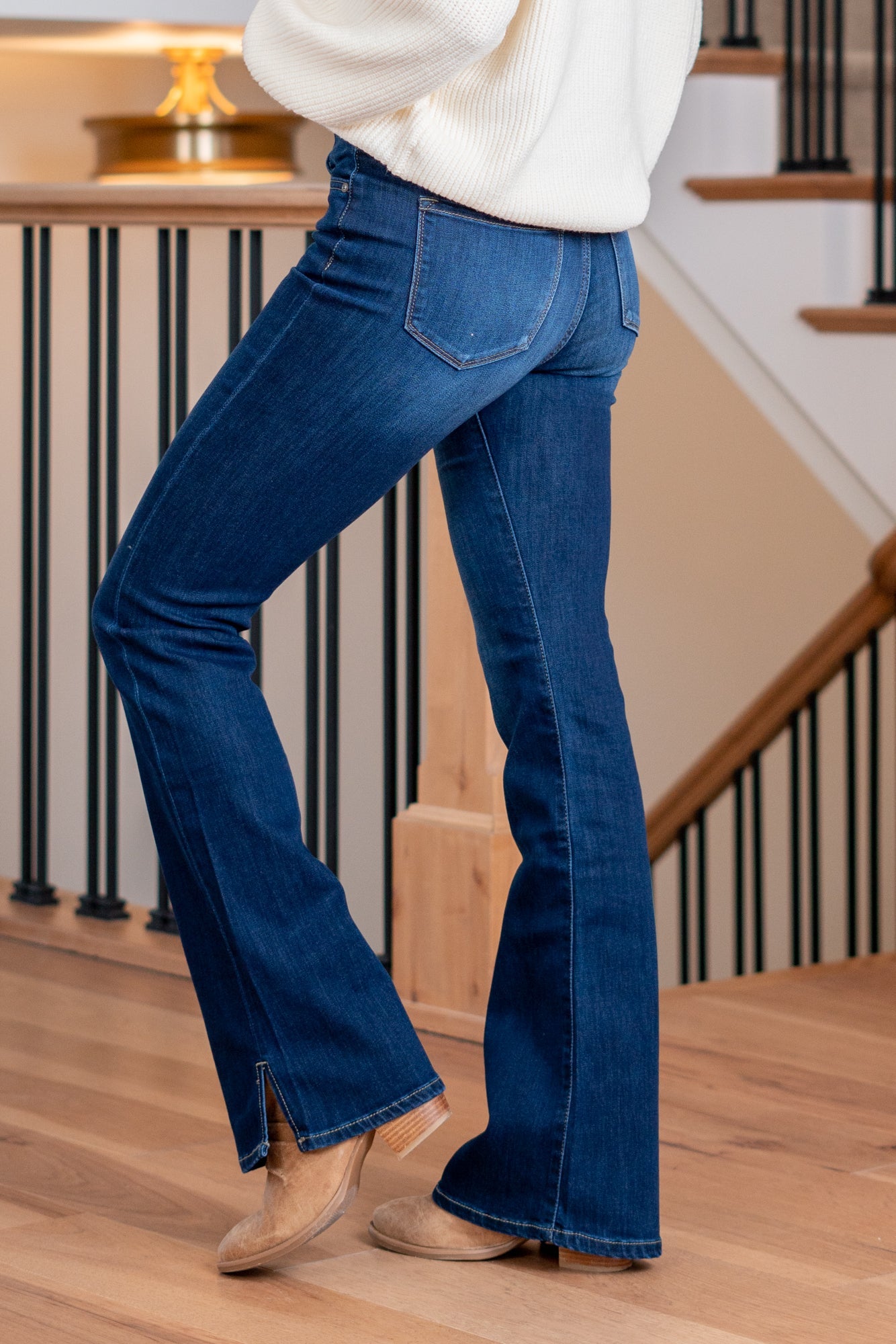 KanCan Jayce High Rise Split Hem Boot Cut Dark Blue Wash