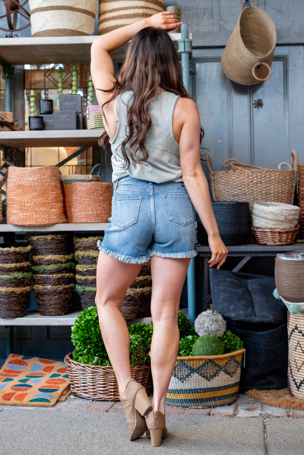 Linden High Rise Distressed Mid Shorts