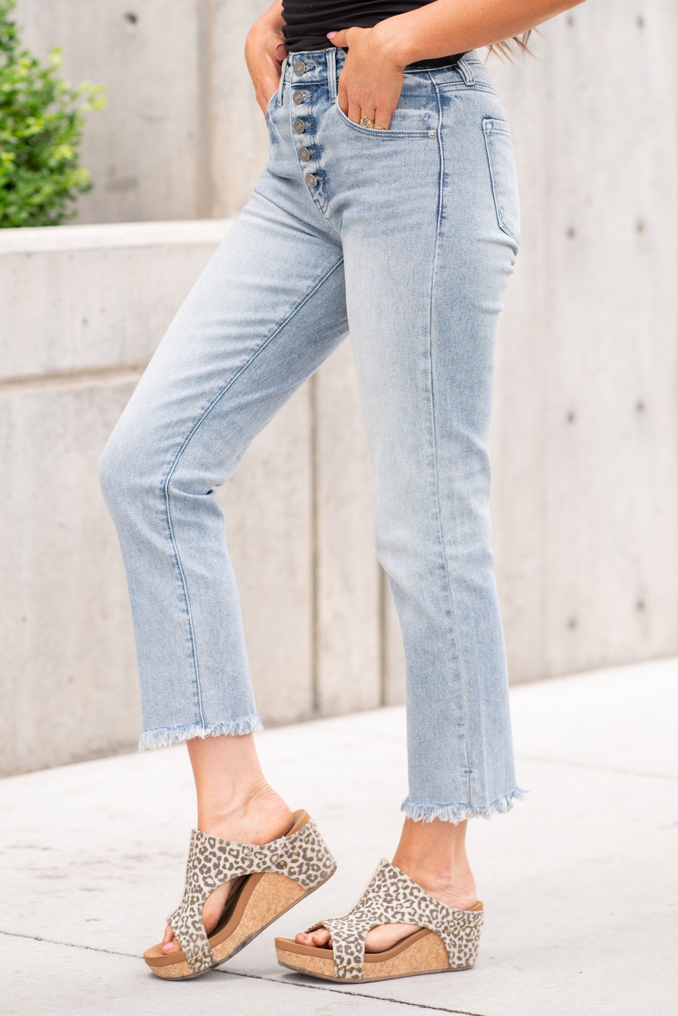 KanCan Silvia Exposed Button Fly High Rise Straight Fit Jeans Light Blue Wash