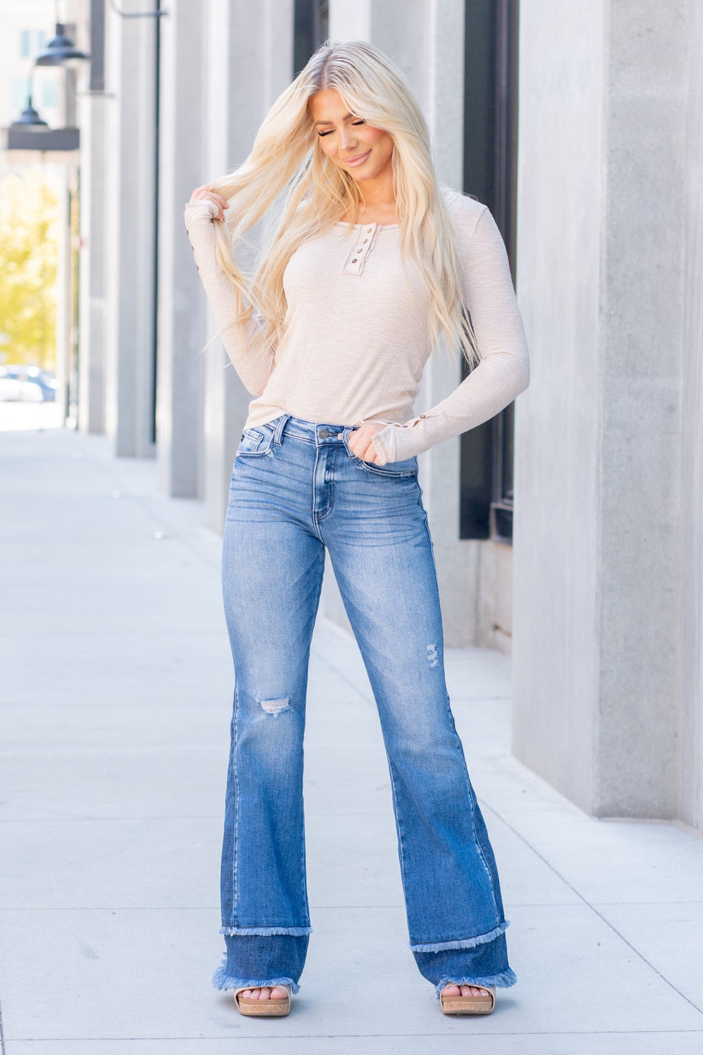 KanCan Jeans  KanCan Stretch Leve: Comfort Stretch  Flare, 34" Inseam* High Rise, 10" Front Rise* Medium Blue Wash  SELF: 93% COTTON, 5% POLYESTER, 2% SPANDEX CONTRAST: 93% COTTON 6% POLYESTER, 1% SPANDEX Fly: Zipper Style #: KC9334M *Measured on the smallest size, measurements may vary by size.