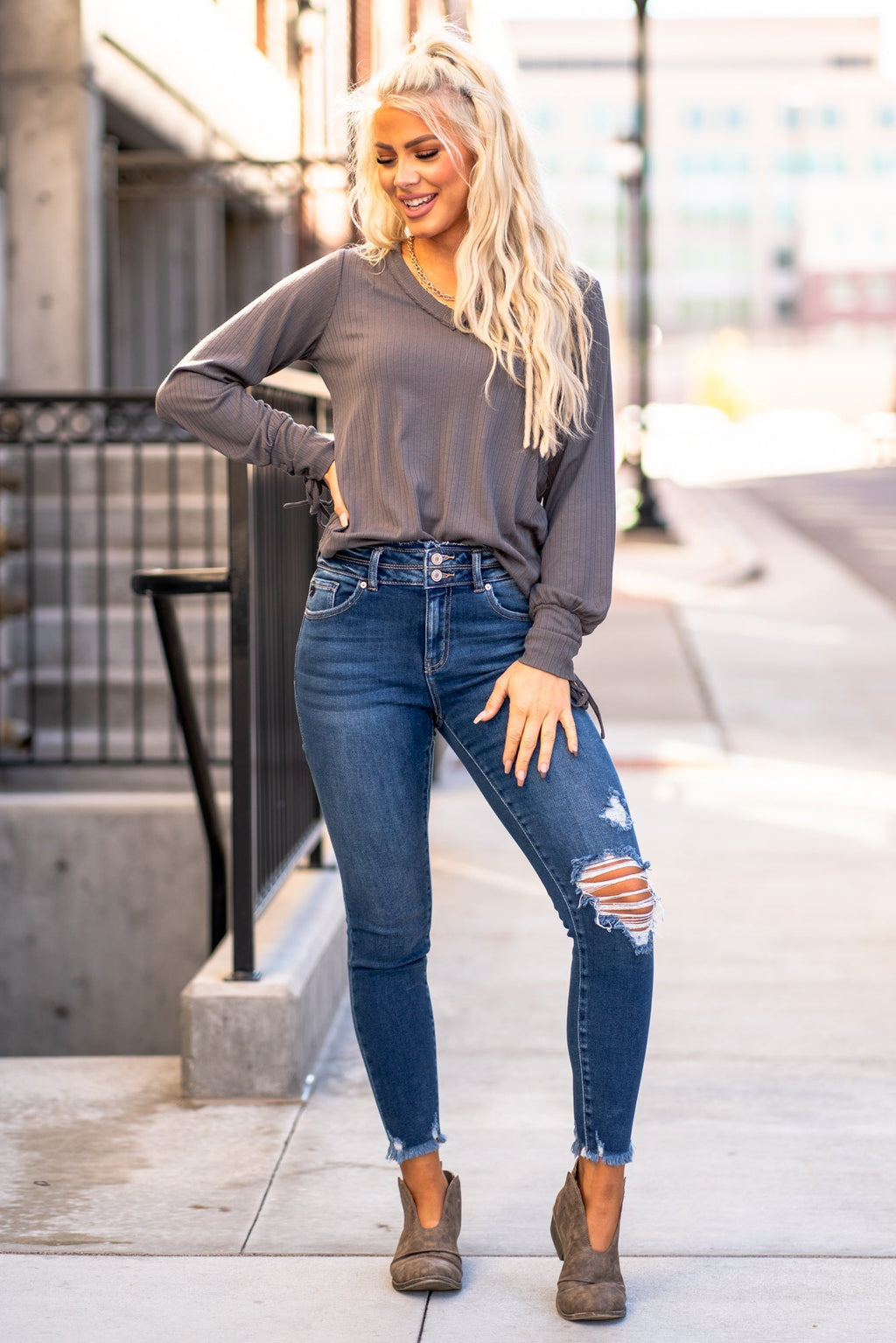 KanCan Jeans Color: Dark Wash Ankle Skinny, 27" Inseam* High Rise, 10" Front Rise* Frayed Hem Ankle with Ripped Distress 95% COTTON 4% POLY 1% LYCRA Fly: Zipper with Double Button Style #: KC8582D Contact us for any additional measurements or sizing.    *Measured on the smallest size, measurements may vary by size. 