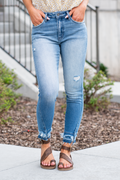 KanCan Jeans   KanCan Comfort Stretch  Color: Medium Blue Wash Cut: Ankle Skinny, 27" Inseam* Rise: High-Rise, 10" Front Rise* 94% COTTON, 5% POLYESTER, 1% SPANDEX Stitching: Classic Fly: Zipper  Style #: KC9257M Contact us for any additional measurements or sizing.  *Measured on the smallest size, measurements may vary by size.  