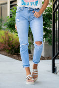 KanCan Jeans  These mid-rise boyfriend jeans hit at exactly the right spot on your waist and with some spandex, these will stretch as you wear and get super comfy!  Color: Light Blue Wash Cut: Cuffed Boyfriend, 27.5" Inseam Rise: Mid-Rise, 9.25" Front Rise 99% COTTON, 1% SPANDEX Stitching: Classic Fly: Zipper Style #: KC8646L Contact us for any additional measurements or sizing. 
