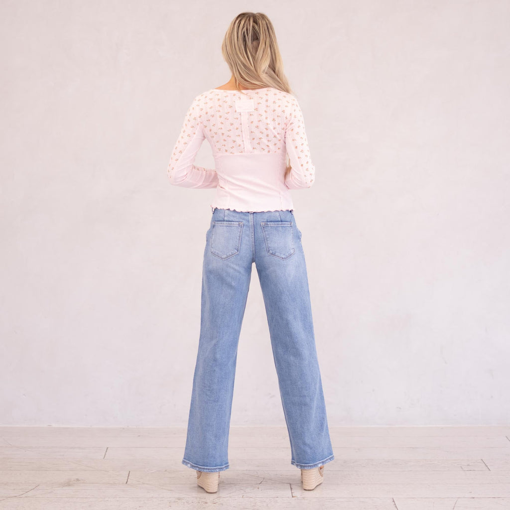 KanCan Alma Essentials Mid Rise Wide Leg Trouser Leg Medium Blue