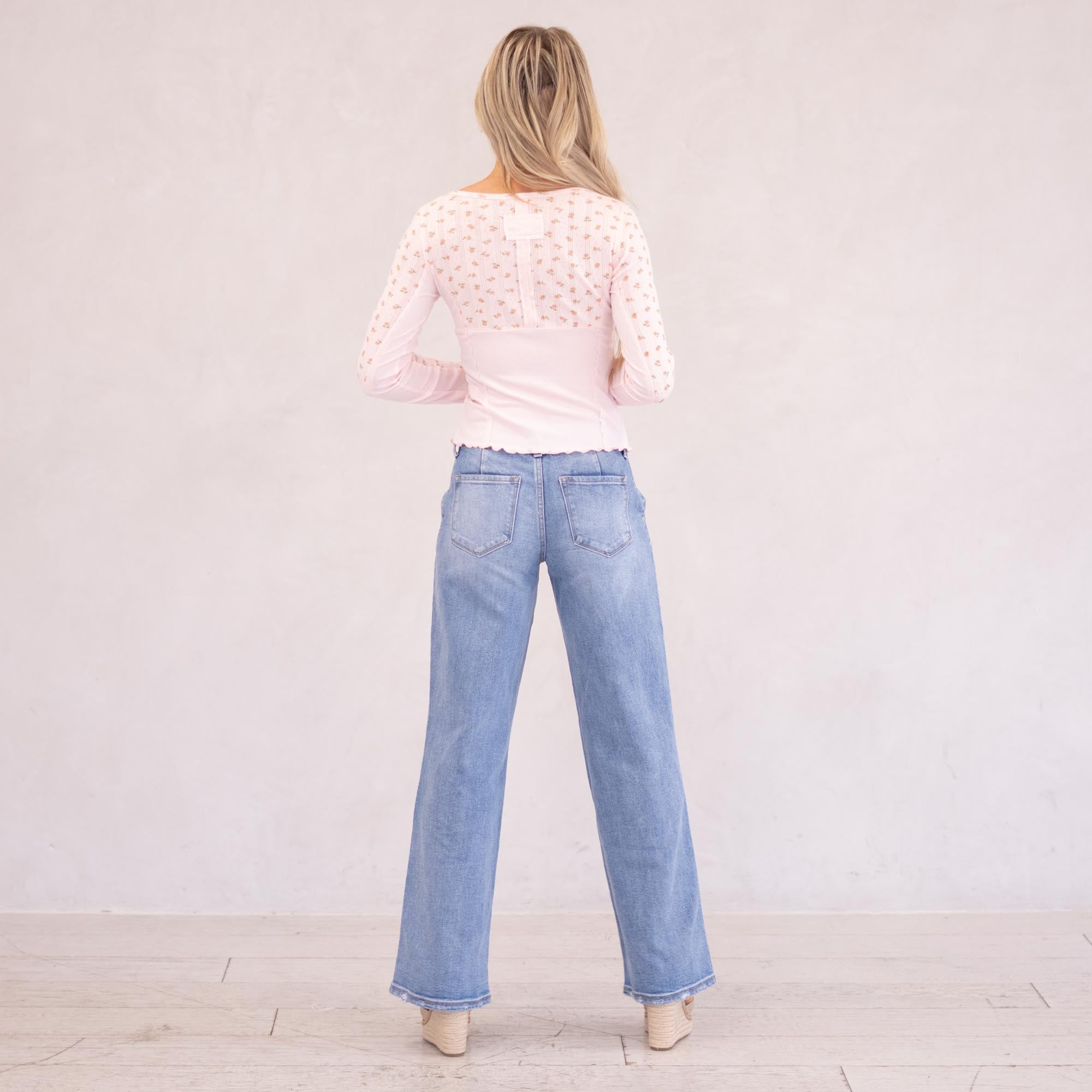KanCan Alma Essentials Mid Rise Wide Leg Trouser Leg Medium Blue