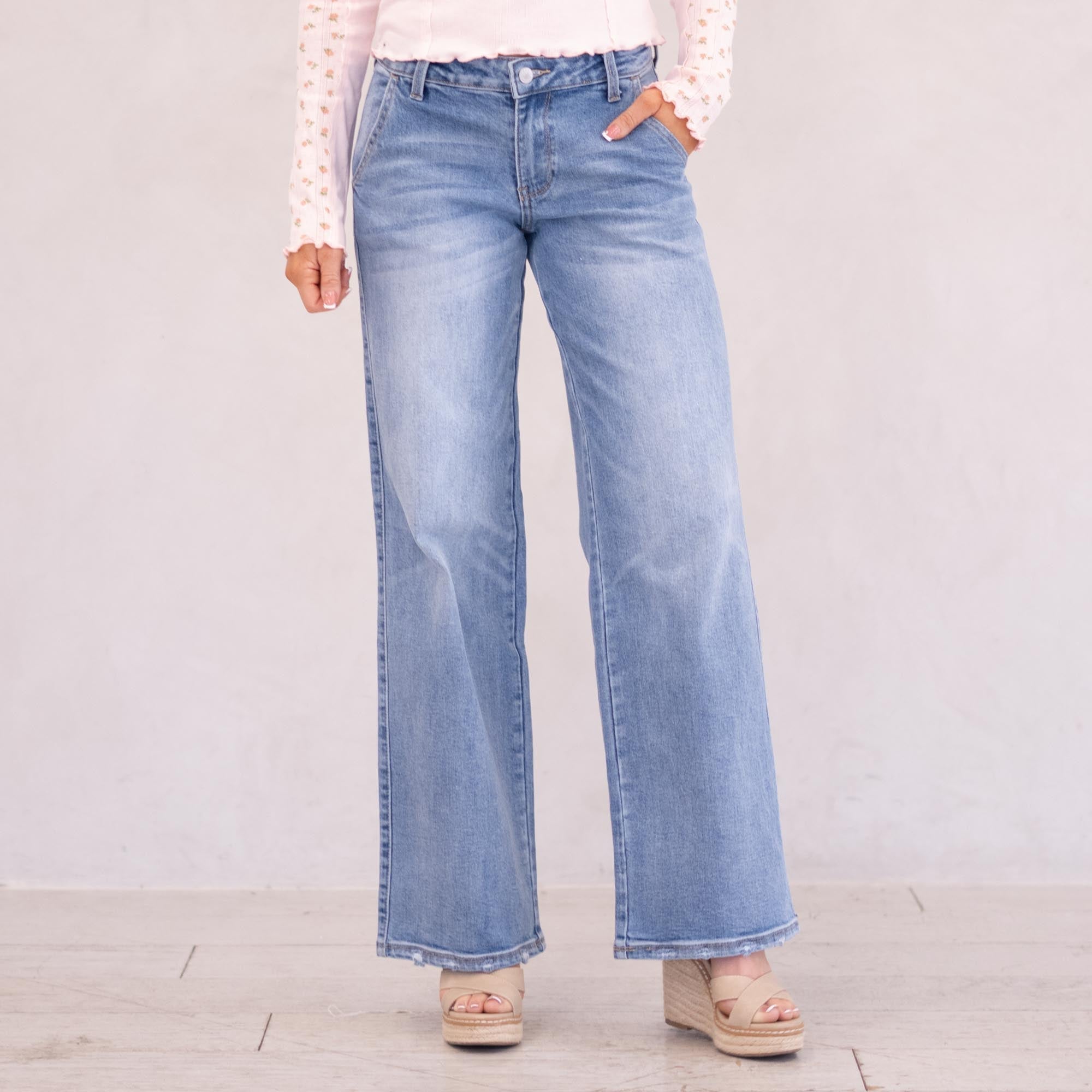 KanCan Alma Essentials Mid Rise Wide Leg Trouser Leg Medium Blue