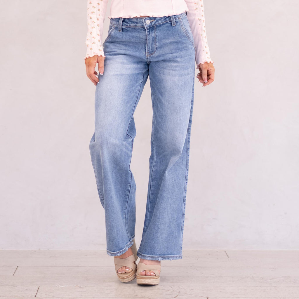 KanCan Alma Essentials Mid Rise Wide Leg Trouser Leg Medium Blue
