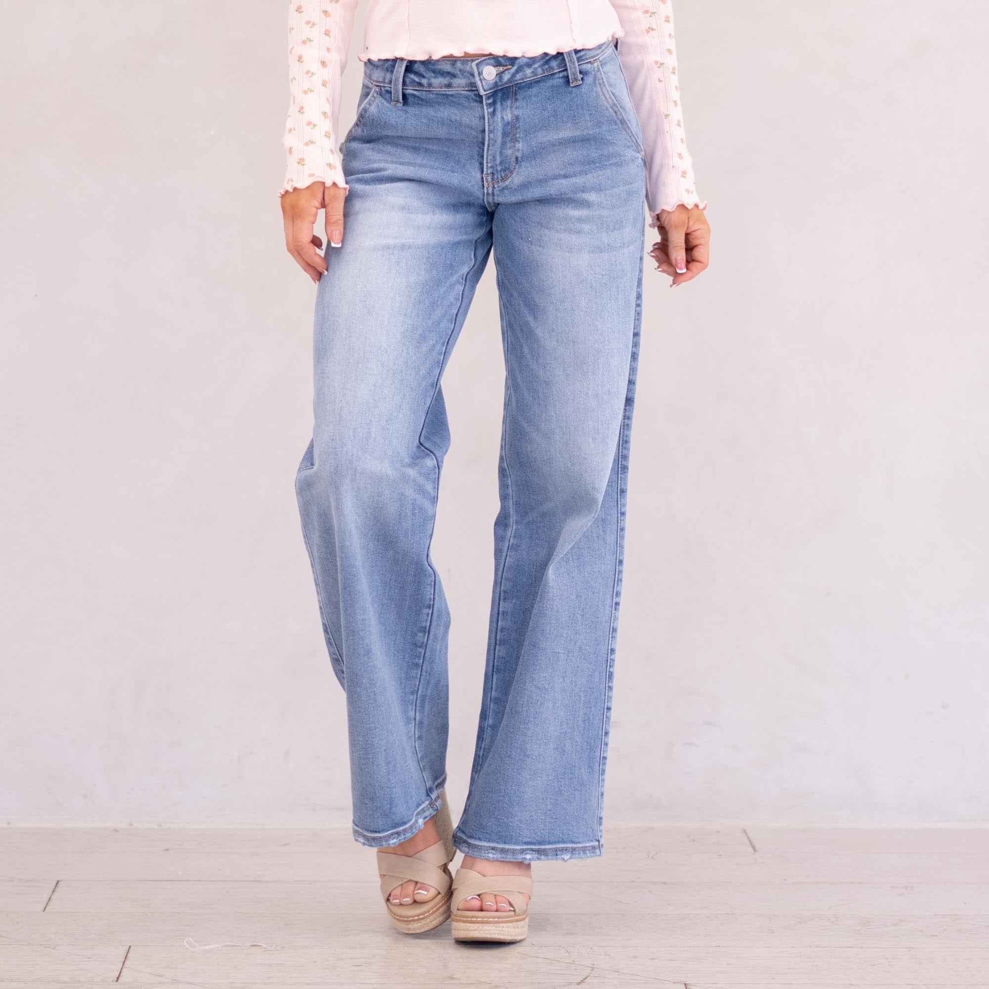 KanCan Alma Essentials Mid Rise Wide Leg Trouser Leg Medium Blue