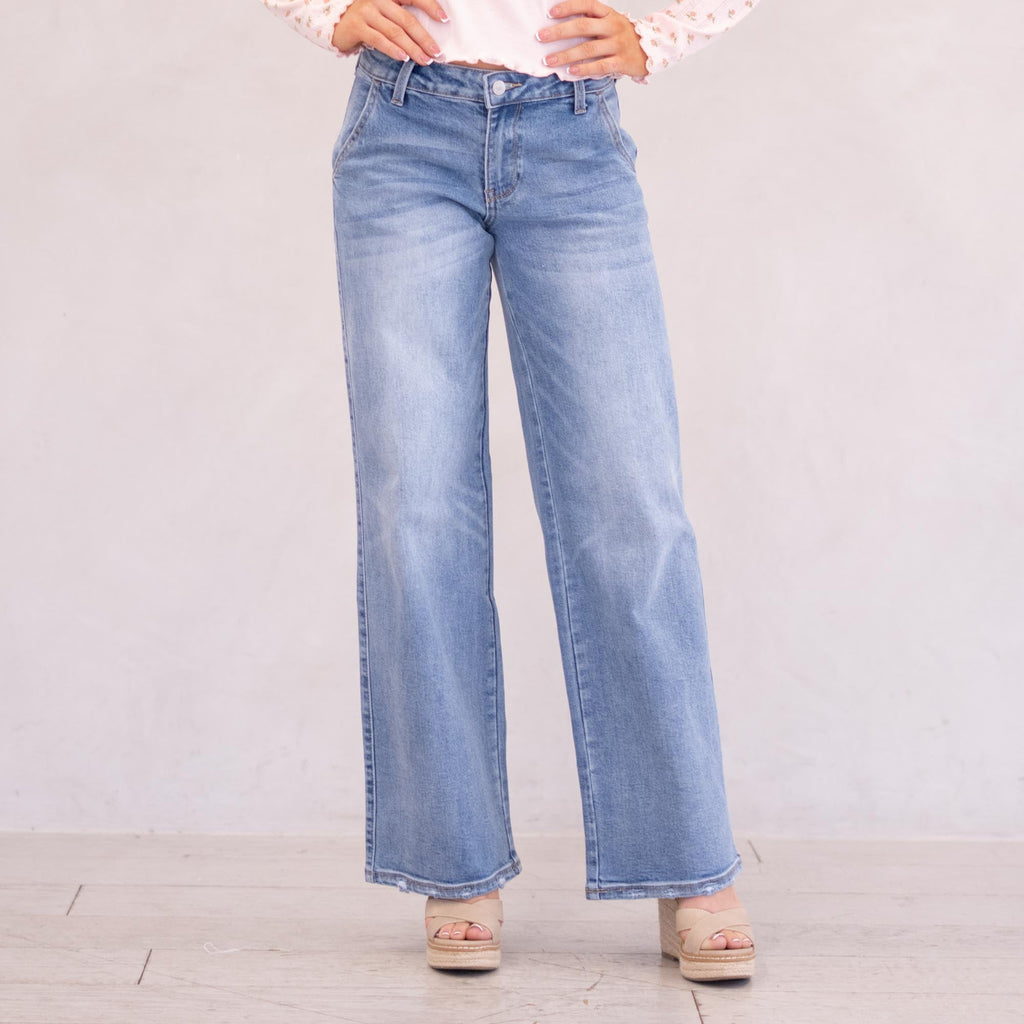 KanCan Alma Essentials Mid Rise Wide Leg Trouser Leg Medium Blue
