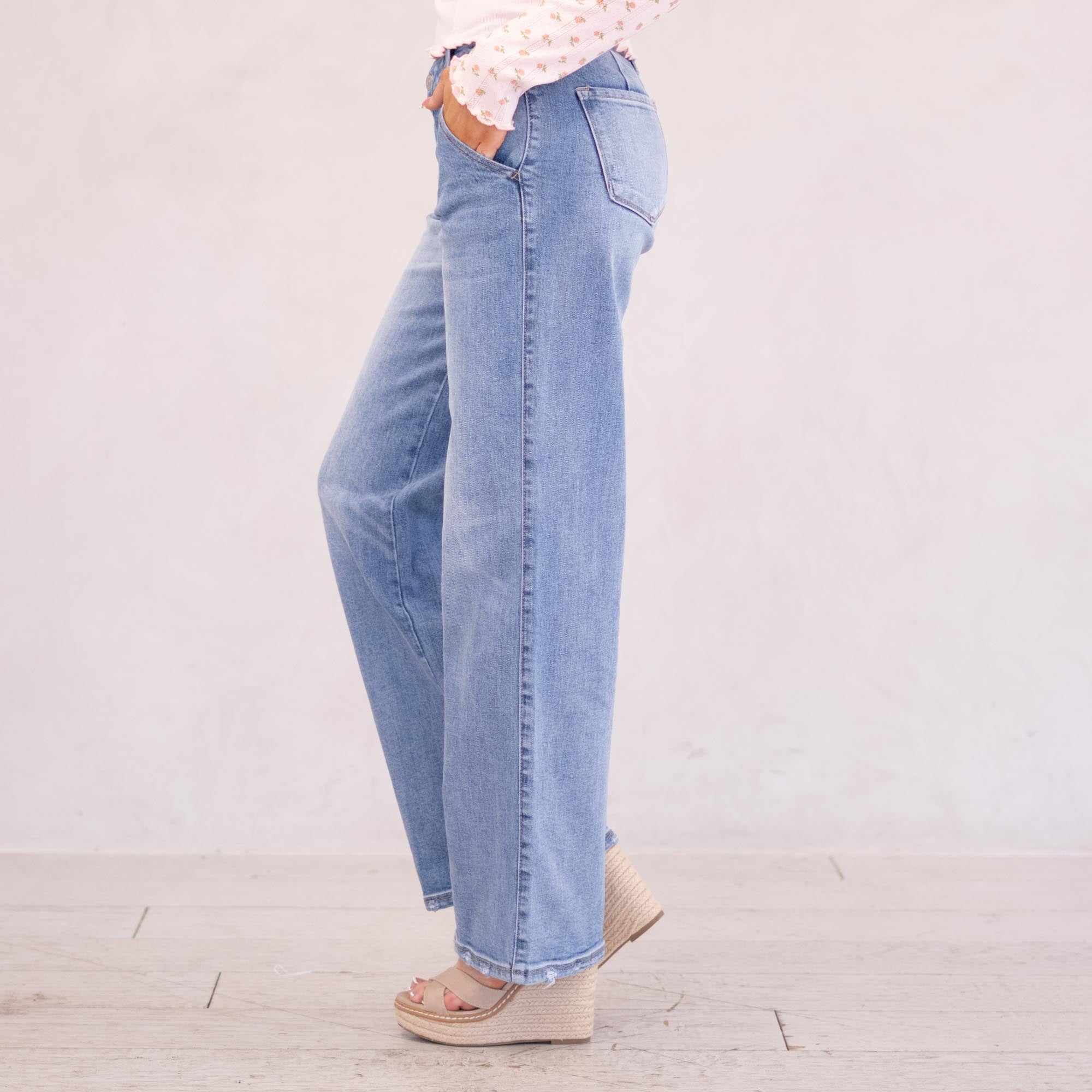 KanCan Alma Essentials Mid Rise Wide Leg Trouser Leg Medium Blue