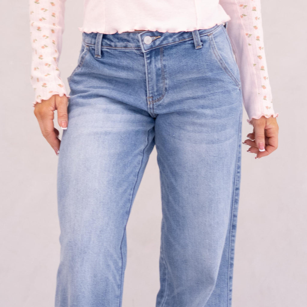 KanCan Alma Essentials Mid Rise Wide Leg Trouser Leg Medium Blue