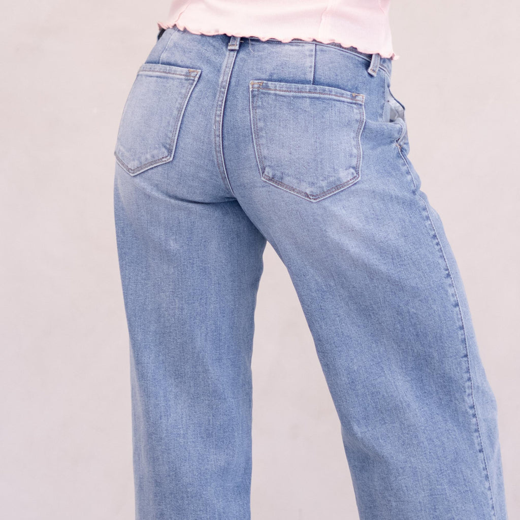 KanCan Alma Essentials Mid Rise Wide Leg Trouser Leg Medium Blue