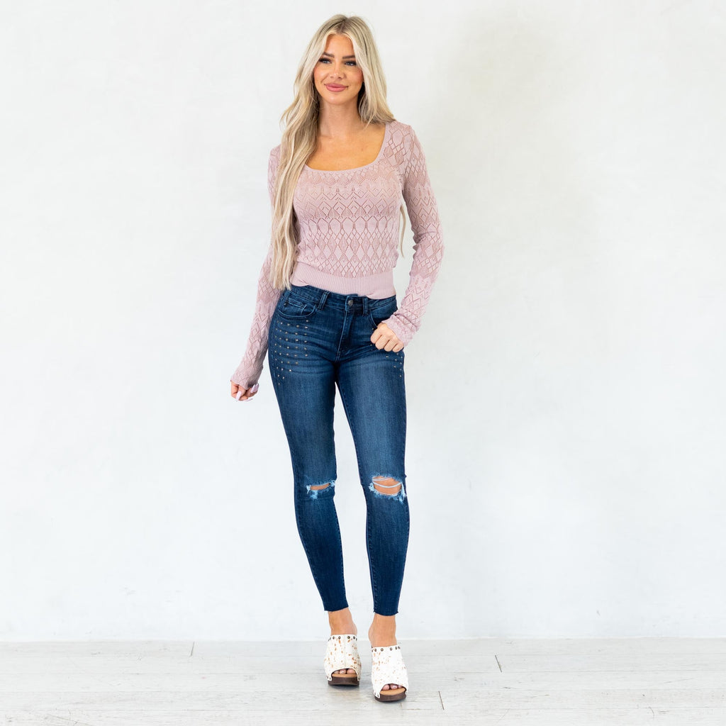 KanCan Kate Studded Mid Rise Ankle Skinny Dark Blue Wash