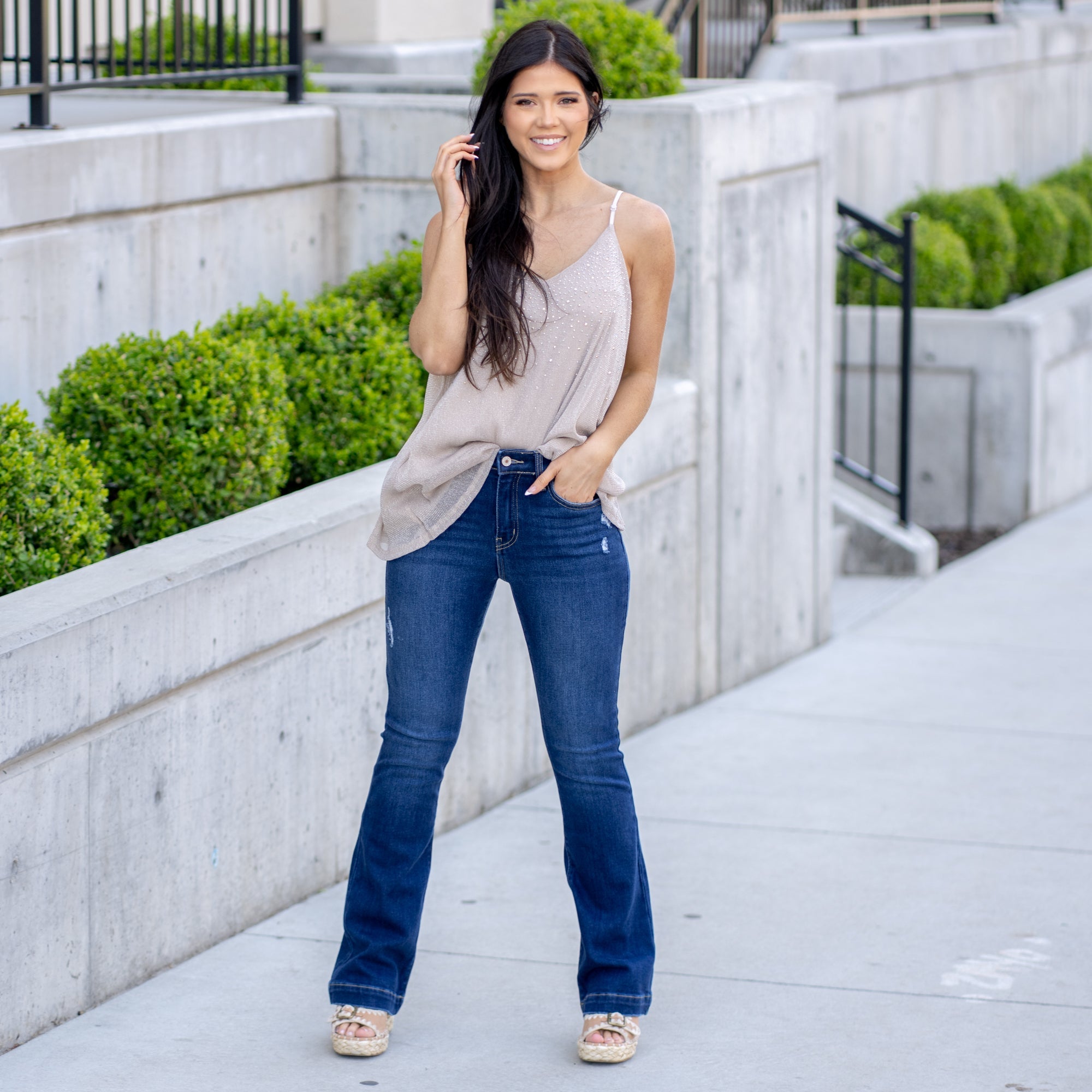 KanCan Isla High Rise Wide Hem Bootcut Dark Blue Wash