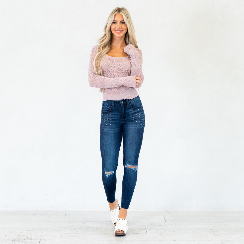 KanCan Kate Studded Mid Rise Ankle Skinny Dark Blue Wash
