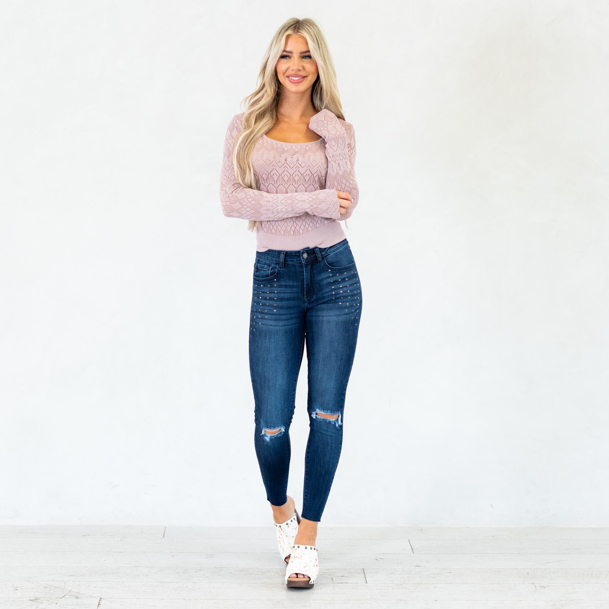 KanCan Kate Studded Mid Rise Ankle Skinny Dark Blue Wash