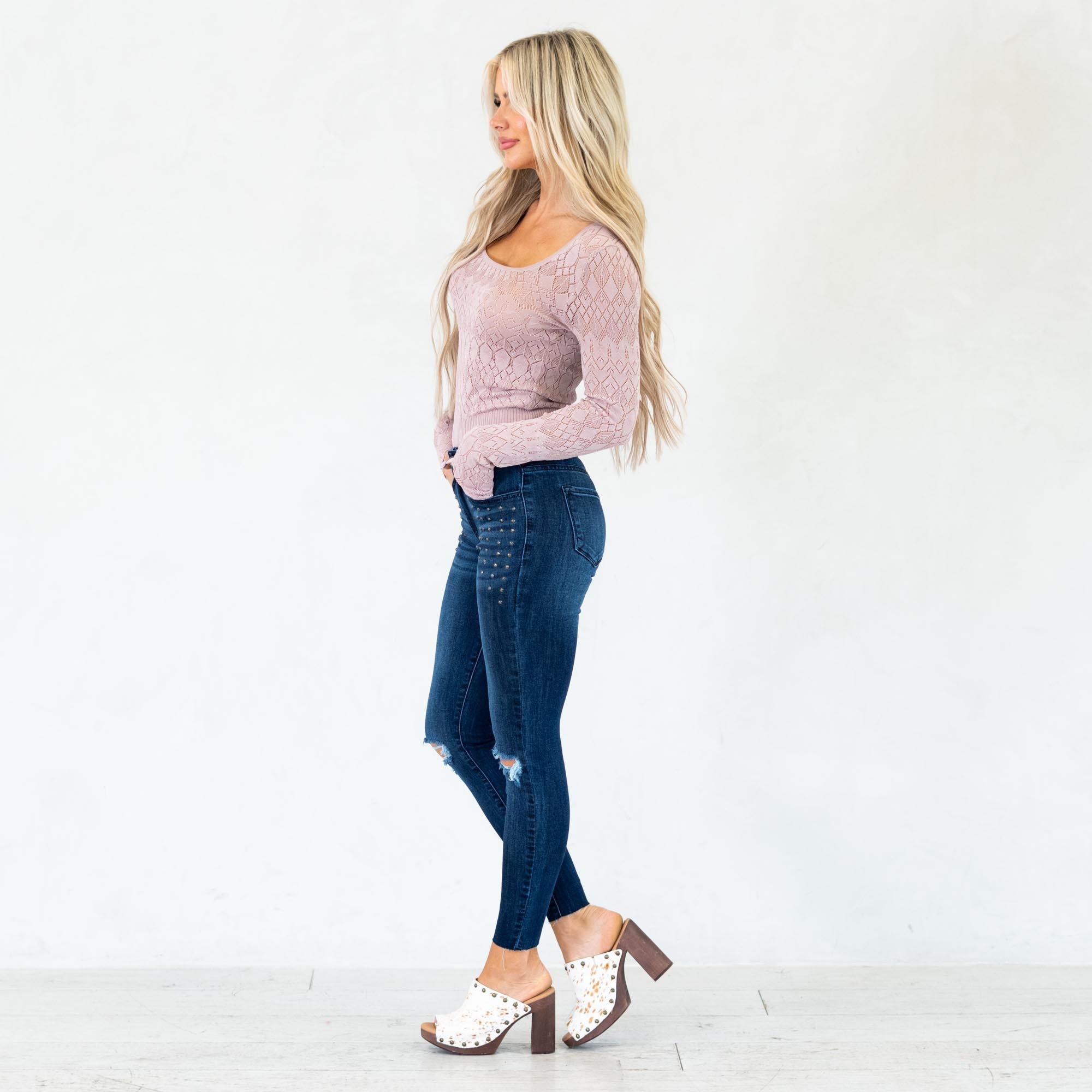 KanCan Kate Studded Mid Rise Ankle Skinny Dark Blue Wash