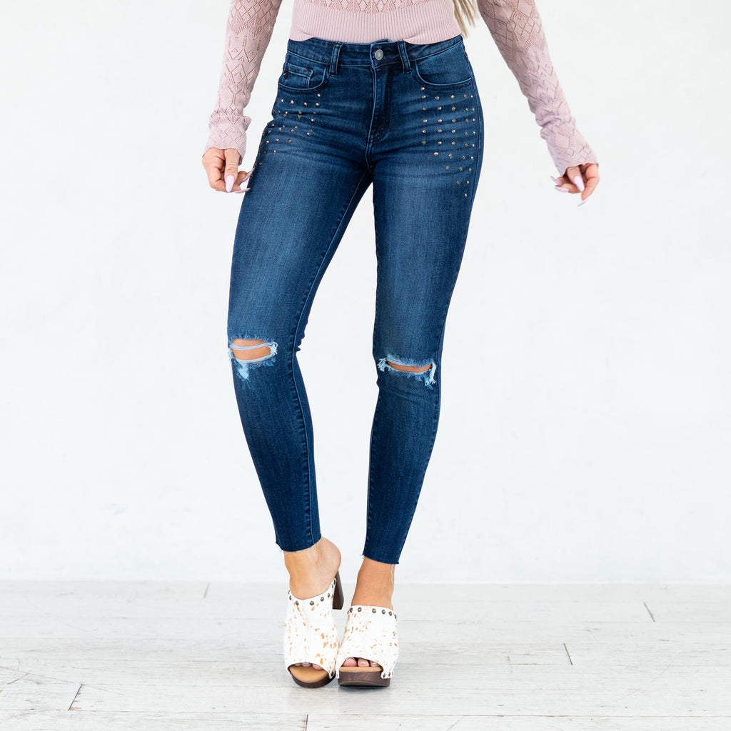 KanCan Kate Studded Mid Rise Ankle Skinny Dark Blue Wash