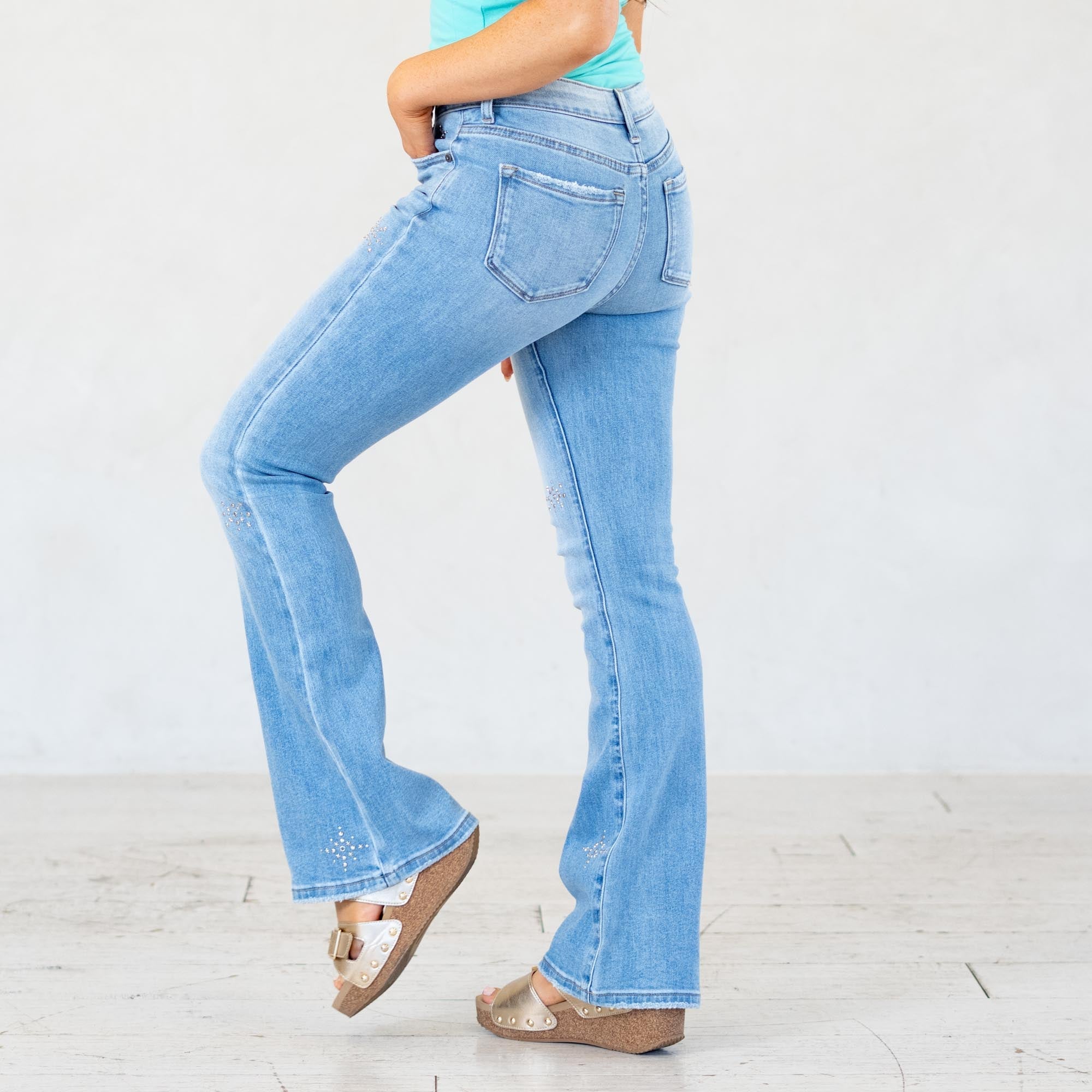 KanCan Rhinestone Estrella Mid Rise Flare Jeans Medium Blue