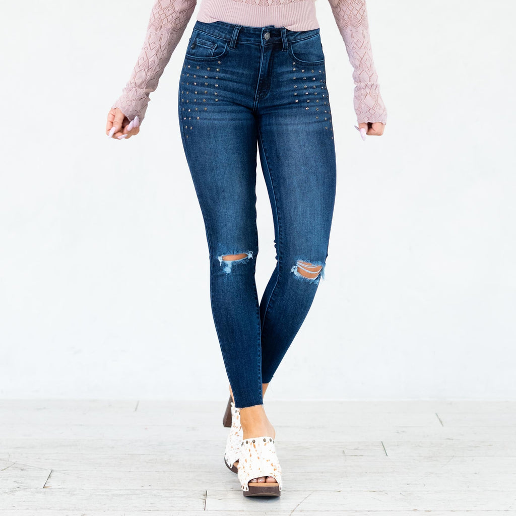 KanCan Kate Studded Mid Rise Ankle Skinny Dark Blue Wash