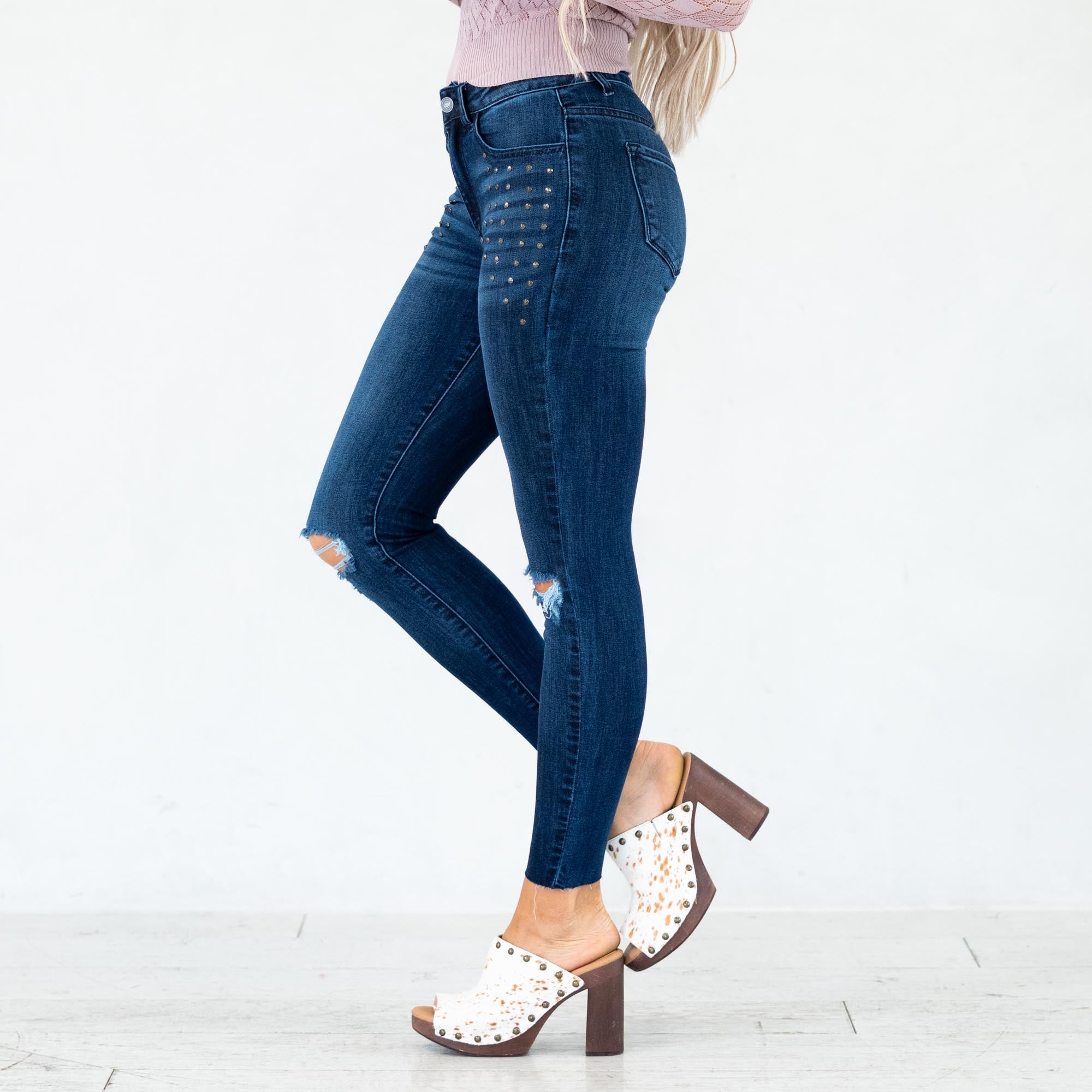 KanCan Kate Studded Mid Rise Ankle Skinny Dark Blue Wash
