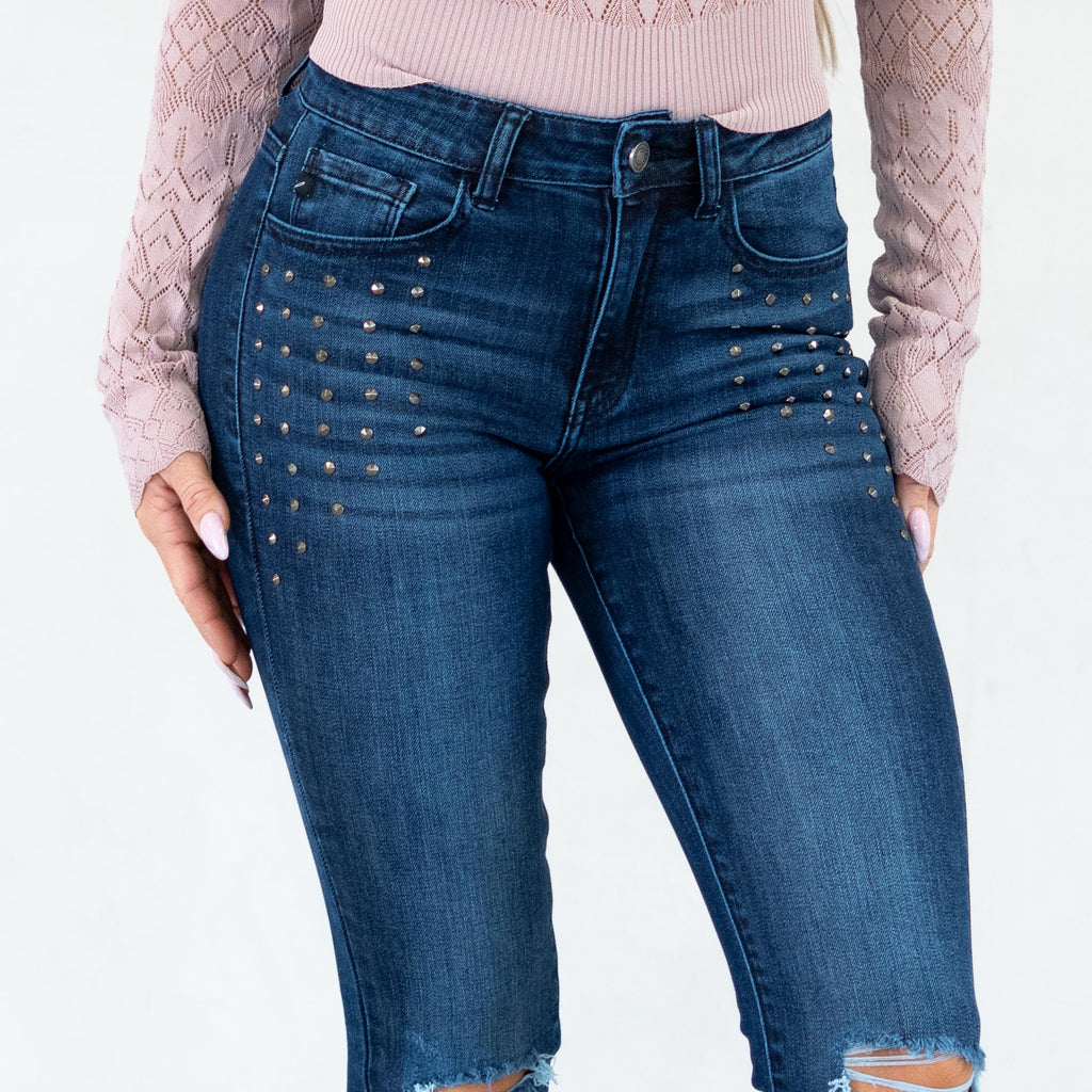 KanCan Kate Studded Mid Rise Ankle Skinny Dark Blue Wash