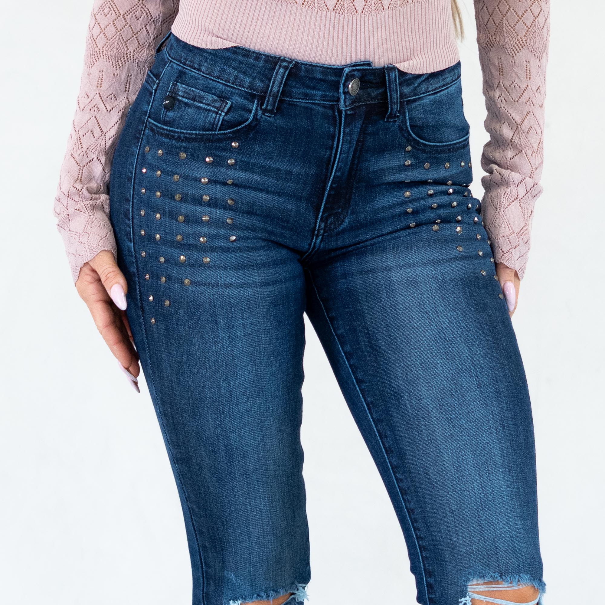 KanCan Kate Studded Mid Rise Ankle Skinny Dark Blue Wash