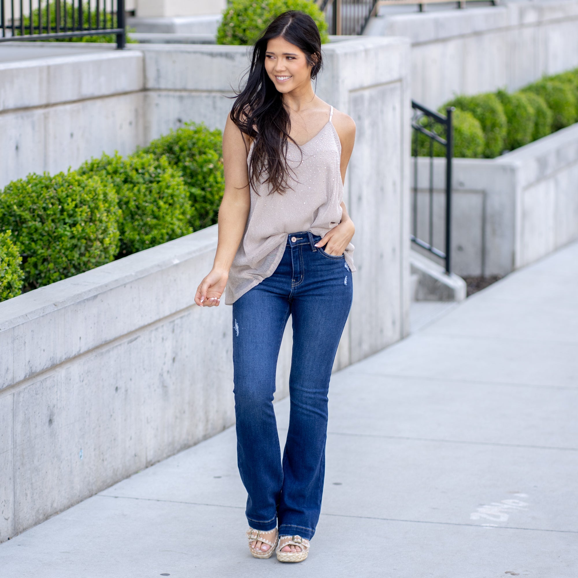 KanCan Isla High Rise Wide Hem Bootcut Dark Blue Wash
