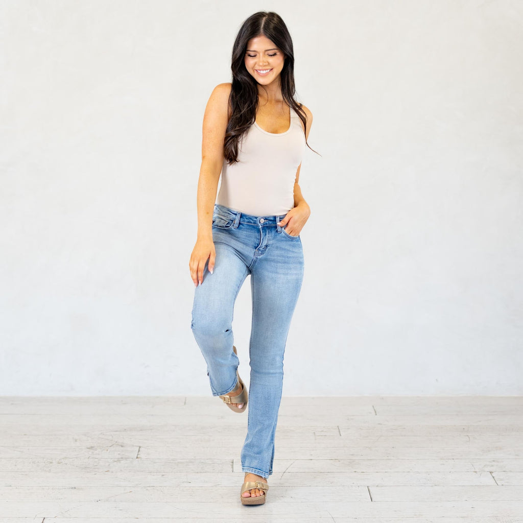 KanCan Petite Camila Y2K Mid Rise Boot Cut Jeans Medium Blue Wash