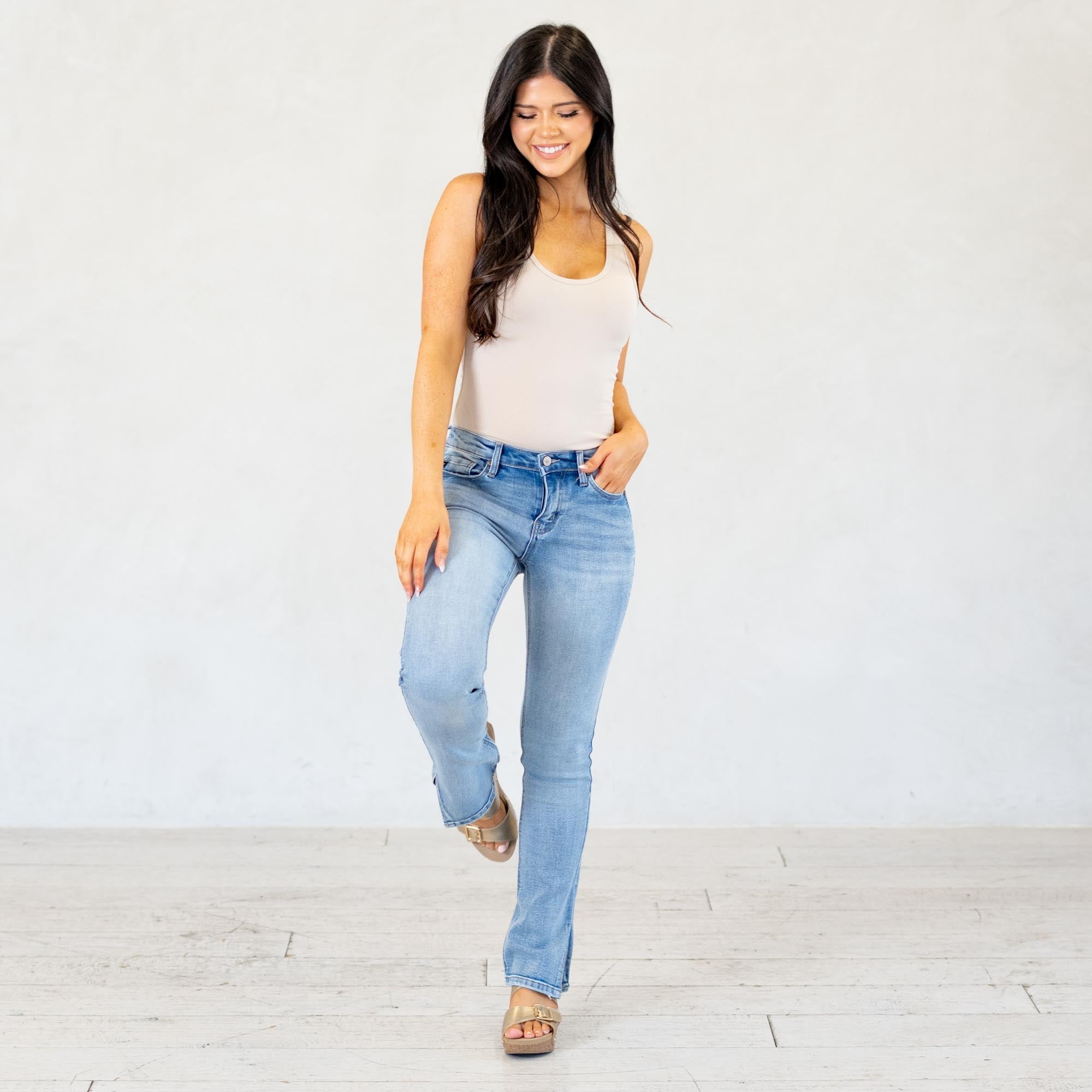 KanCan Petite Camila Y2K Mid Rise Boot Cut Jeans Medium Blue Wash