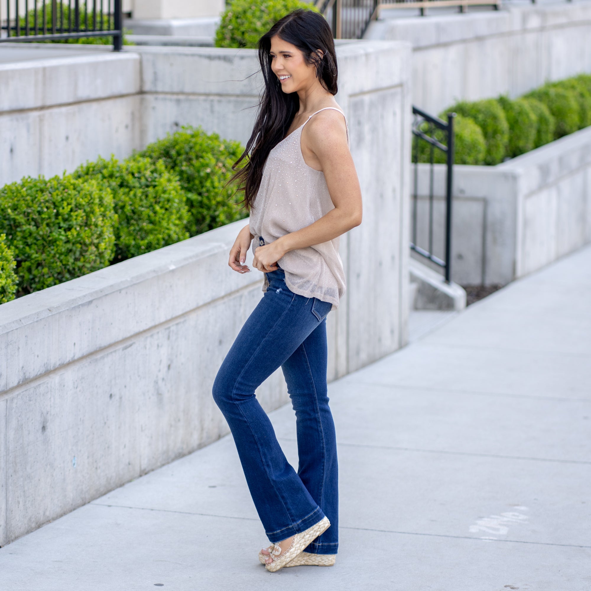 KanCan Isla High Rise Wide Hem Bootcut Dark Blue Wash